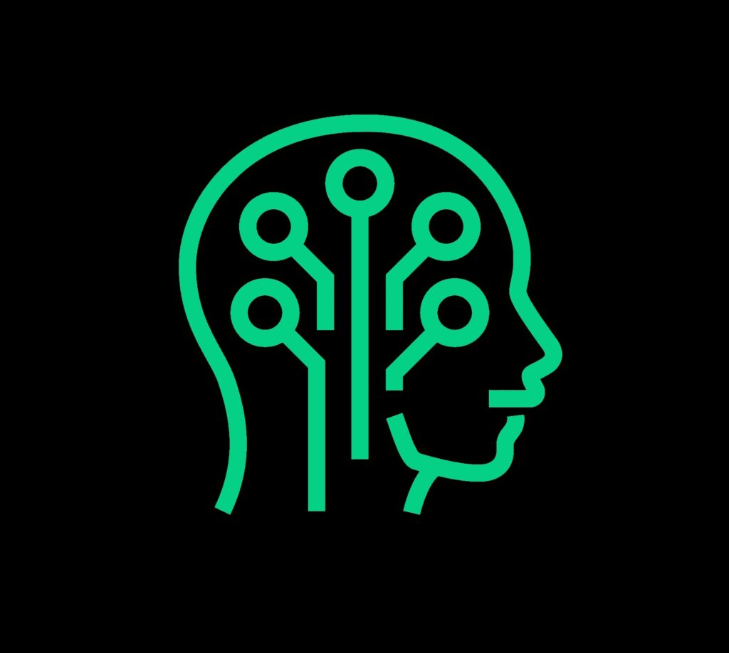 A simplistic illustration of a human head with a simple illustration of circuits.