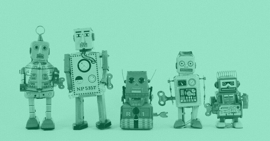 A line up of vintage robot toys
