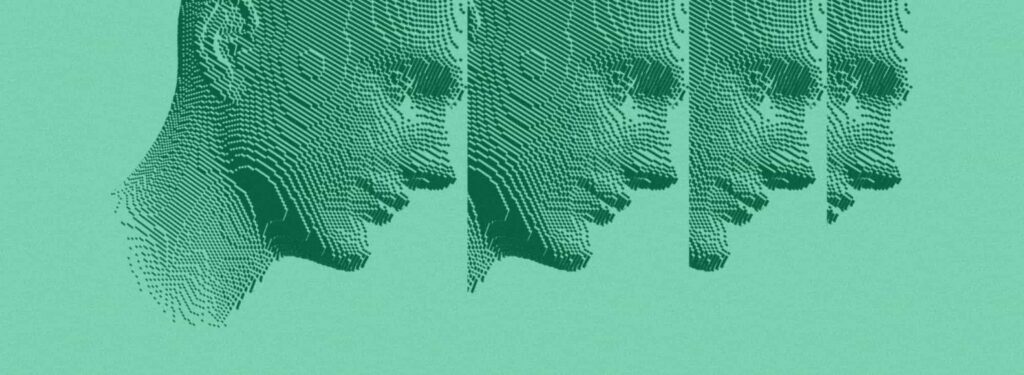 Four slices of pixelated, digital faces