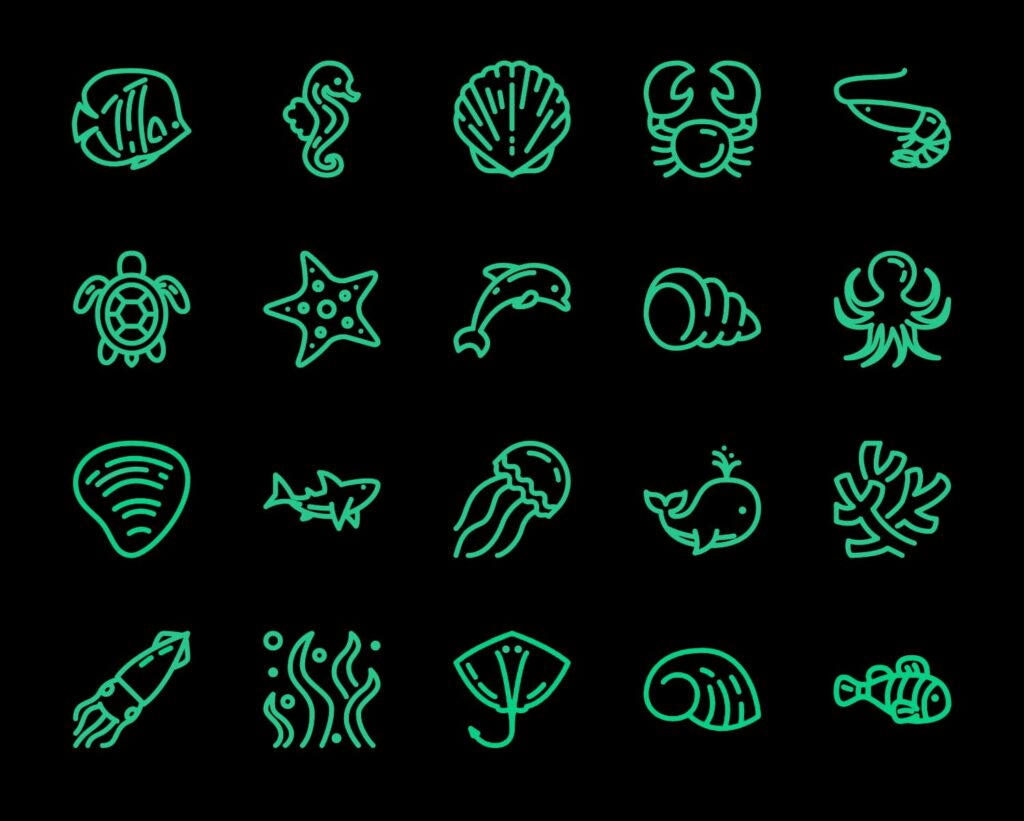 Small illustrations of various sea critters