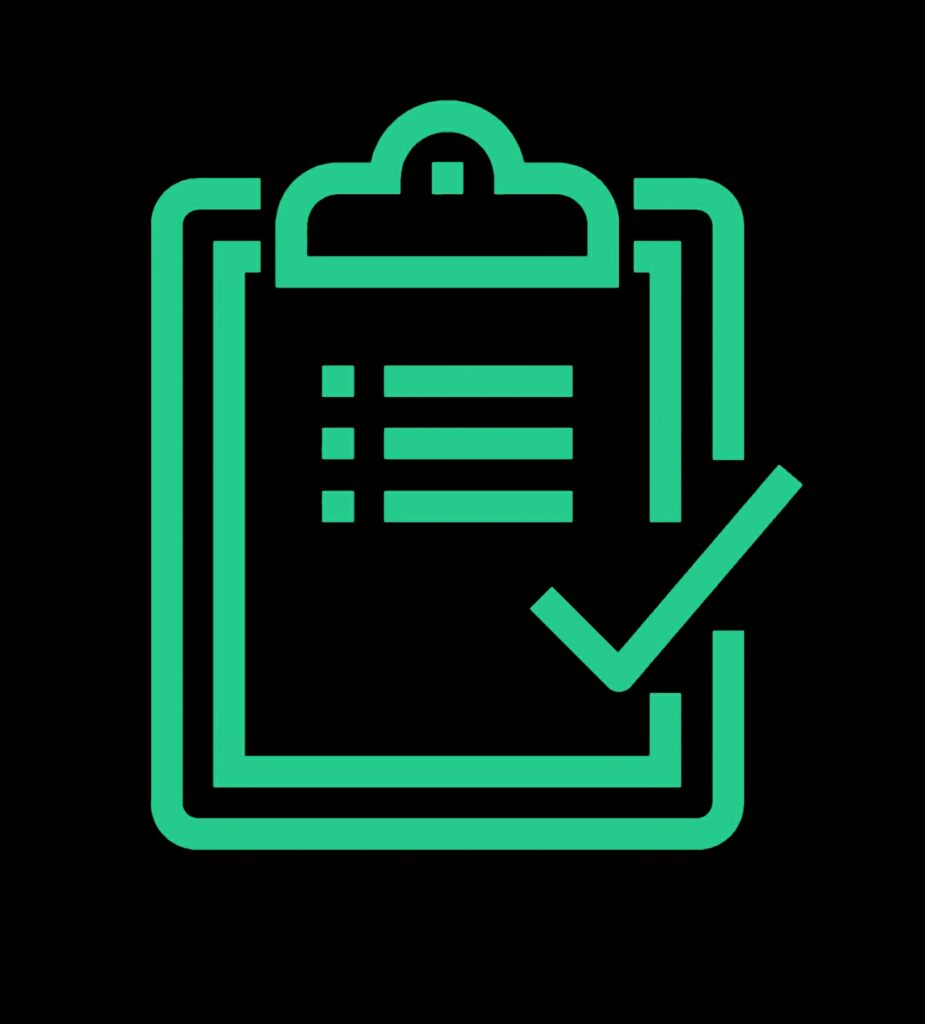 An image of a clipboard and a checkmark.
