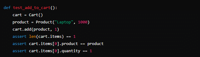 Code block showing an example of unit testing adding items to a cart.