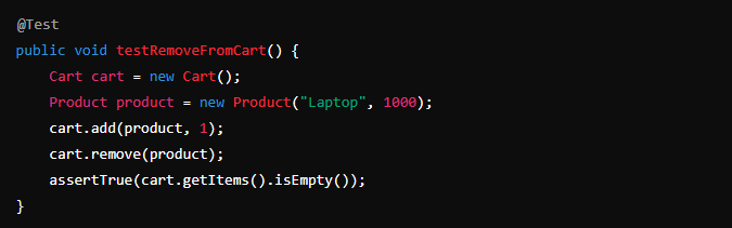 Code block showing an example of unit testing removing items from cart.